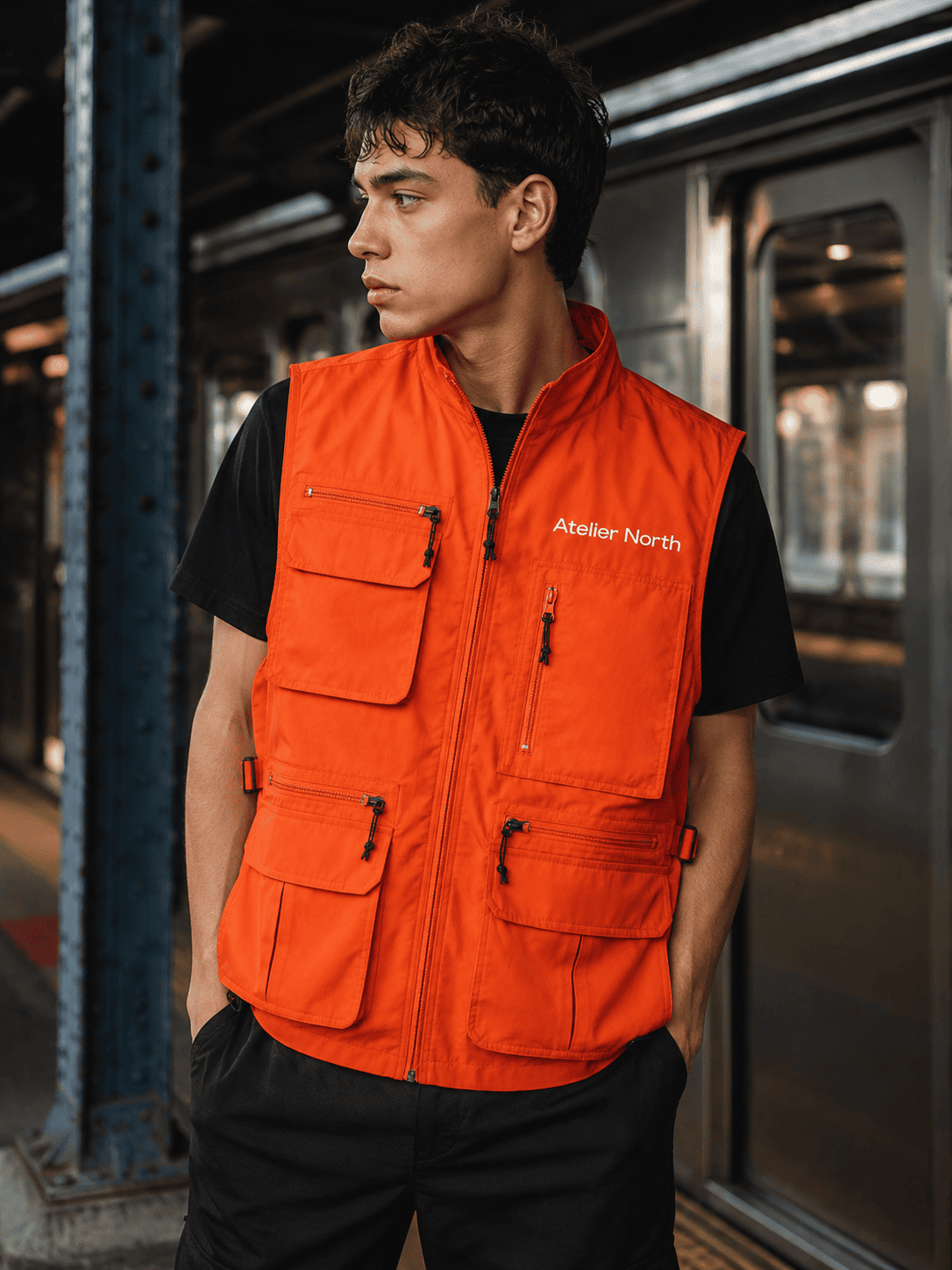 Look 04 — utility vest and beanie
